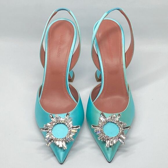 Amina Muaddi Begum Embellished Satin Slingback Pumps size 39 - Picture 3 of 14